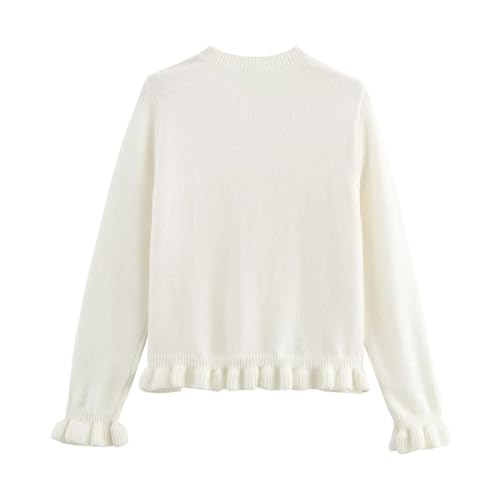 Image of FindThy Women's Cropped Cardigan Sweater Trendy Crewneck Ruffle Long Sleeve Button Down Knitwear Tops