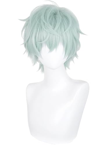 Image of Half and Half Short Light Green Anime Male Wig for Till Cosplay Green Wigs with Bangs for Men Light Teal Spiky Layered Wigs for Unisex Women Halloween Party Costumes