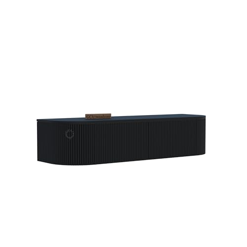Image of Solid Wood Matte Black Wall Mounted TV Unit for Living Room | Floating TV Cabinet with Hidden Storage | Modern TV Stand for LED TV up to 55 Inch | Space Saving Wall TV Console