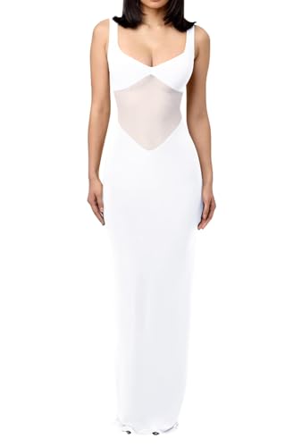Image of Memoriesea Women's Sexy V Neck Sleeveless Hourglass Mesh Bodycon Evening Party Maxi Dress White