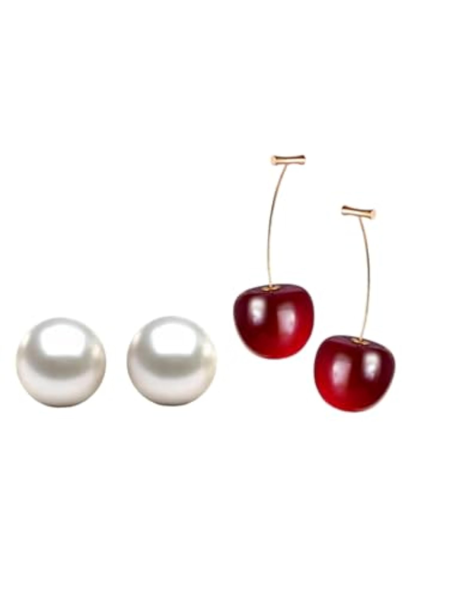Women's Red Cherry & White Pearl Drop Stud Earrings Combo