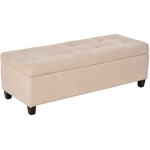 HOMCOM Beige Linen Storage Ottoman with Hinged Lid Cover