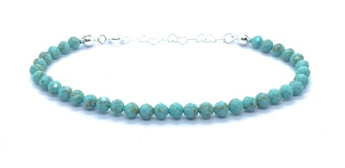 Pulsera de Turquesa Natural, Plata 925, 4mm, Ajustable 16-19cm