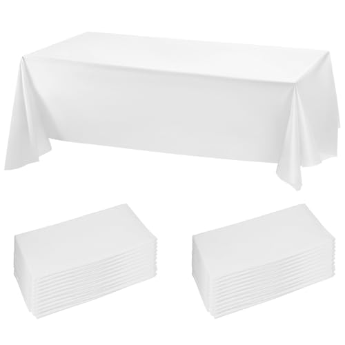 QWORK® Lot de 20 Nappe Longue Blanche, Plastique, 274 x 137 cm, Nappe Imperméable, Convient aux Restaurants, Mariages, Fêtes et Événements Spéciaux