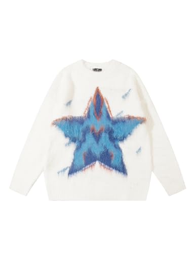 Perbai Mens Y2K Star Sweater Chunky Colorblock Crewneck Long Sleeve Oversized Knit Jumper Top