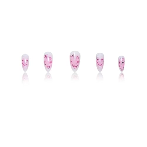 Image of Pink Ombre Press on Nails Heart Fake Nails Short Almond False Nail with Pearl Design Bowknot Glue on Nails Glossy Acrylic Full Cover Flower Stick on Nail for Women Valentine's Day Manicure