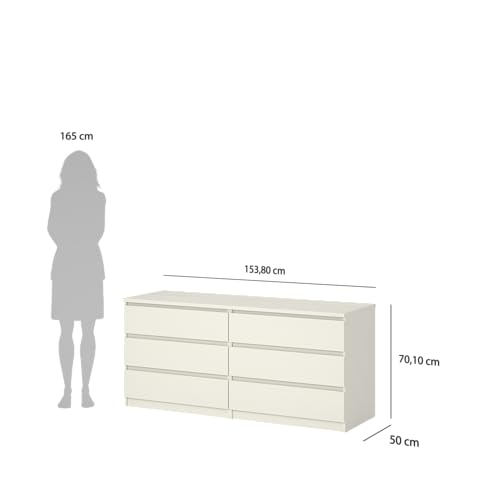 Tvilum 6 Drawer Double Dresser, Bedroom Furniture, Handle-free Drawers, Contemporary, White