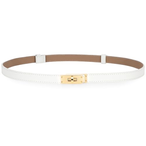 Women Skinny Leather Belt Solid Color Adjustable Thin Belt Alloy Turn Lock Buckle For Jeans Dresses Coats，White