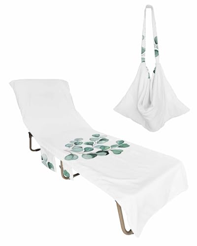Teal Eucalyptus Leaf Beach Lounge Chair Towel Cover, Soft Chaise Lounge Towel with Side Pockets Patio Pool Chairs Cover for Beach/Pool Sunbathing 29x85 Pastoral Spring Green Botanical