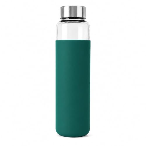 Image of Borosilicate Glass Water Bottle with Silicone Cover | 1 Litre 1000ml | Thermal Shock Resistant | Leakproof Steel Cap | BPA Free | Home Office Gym Fridge
