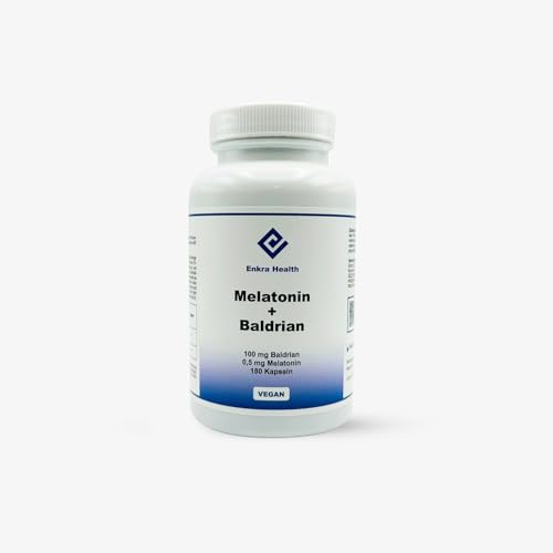 Enkra Health Melatonina + Valeriana Cápsulas - 180 Cápsulas - 0,5 mg de melatonina y 100 mg de valeriana por cápsula - Vegano