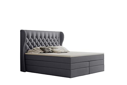 Grekpol -Boxspringbett mit Bonell- und 7-Zonen-Taschenfederkern-Matratze H3 (2 x 18 cm) und Topper 5 cm Polsterbett mit Bettkasten -HENKEL Duo (Dunkellgrau (Sawana 05), 200x200 cm) Cover