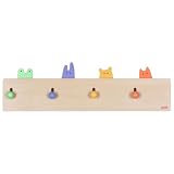 goki 60834 - Garderobe Kuckulino, Kinder-Garderobe mit 4 Kleiderhaken und niedlichen Pop-Up Tiermotiven, aus Holz - Kinder-Garderobenleiste mit Funktion