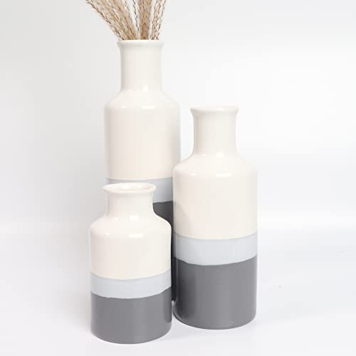 Ceramic Vase 3 Piece Set, Home Decor Decorative Flower Vases Set For Modern Farmhouse Decoration, Living Room Centerpieces,Events, Table, Bookshelf, Mantel And Entryway Decor(Grey-White,Cylindrical) #TOP7