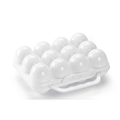 Tradineur - Huevera de plástico de color blanco con tapadera para huevos, 12 espacios para huevos, cocina, resposteria, fabricada en España, 7 x 20 x 18,5 cm, modelo aleatorio
