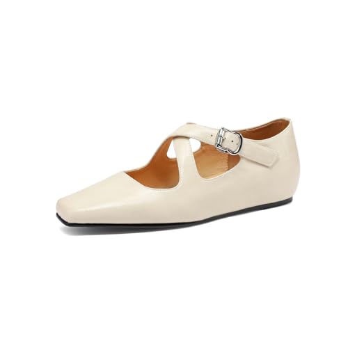 TinaCus Handmade Women's Genuine Leather Square Toe Cross Strap Buckle Dress Mary Jane Flats