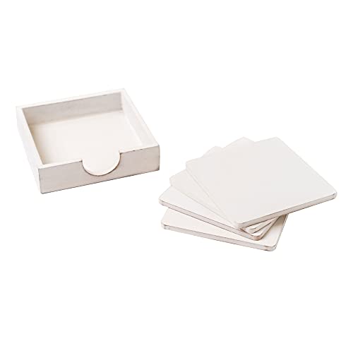 Image of IVEI MDF DIY Square Coasters with Holder - Set of 4 - MDF Wooden Coasters & Holder Blank Cutouts for Painting Craft Decoupage Resin Art Work & Decoration - White - 3.5 inch Inches