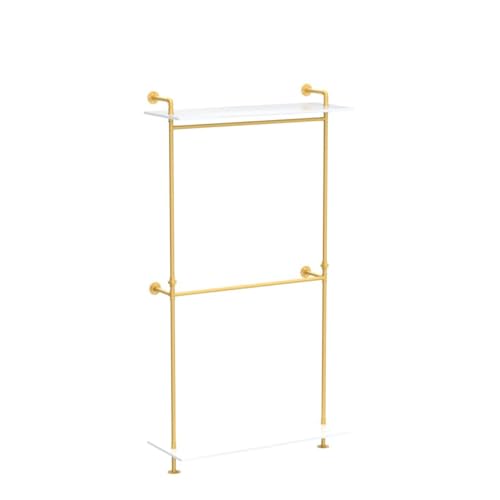 MDEPYCO Modern Simple 2 Tier Metal and Wood Garment Rack,Industrial Pipe Double Hanging Rods Clothing Rack,Retail Display Wall Mounted Storage Clothes Hanging Shelf (One Shelves,Gold, 47.2" L)