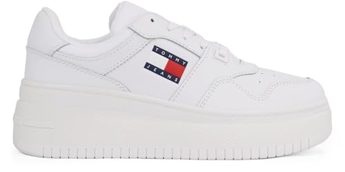 Tommy Jeans Baskets Semelle Compensée Femme Retro Basket Flatform Essential Chaussures, Blanc (White), 38