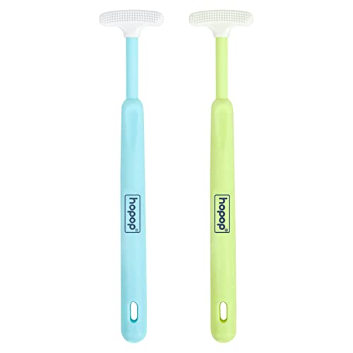 Image of Hopop Tongue Cleaner for Baby | Tender Baby Oral Cleaner Toothbrush with Silicone Scraper | Suitable from 6+ Months | 100% Safe Kids Tongue Cleaner | Pack of 2 | Blue & Green