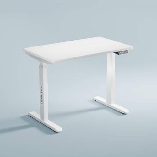Image of Height Adjustable Electric Desk Table | Motorized Sit Stand Workstation with Walnut Wood Grain Desktop | Ergonomic Computer Table for Home Office (White Frame & White Top, 1200 x 600 mm)