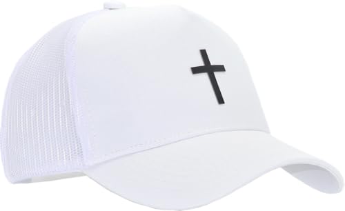 Image of Christian Jesus Cross Faith Hat, Religious Gifts forThanksgiving Christmas | 5 Panel Structured Mesh Back Trucker Baseball Cap, Adjustable Snapback Streetwear Dad Ball Hats for Men Women