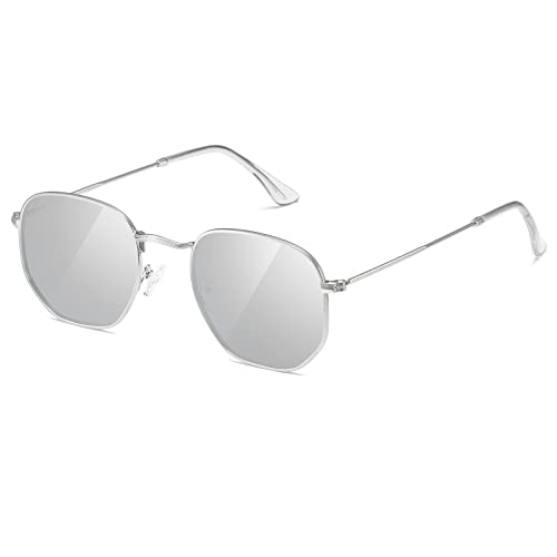 YWWPMDOF Polarized Sunglasses for Womens Men Trendy Square Hexagonal Flat Mirrored Sun Glasses UV Protection