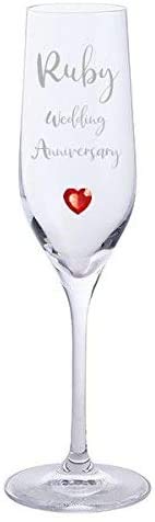 Ruby Wedding Anniversary Pair of Dartington Crystal Champagne Glasses with Ruby Heart Gem