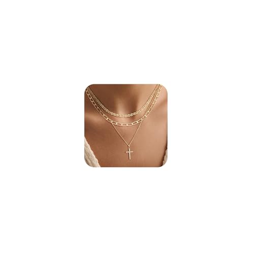 Layered Gold Necklaces for Women Dainty 14k Gold/Silver Plated Stackable Choker Necklaces for Women Trendy Cuba Cross Circle Pendant Necklaces Set Jewelry Gifts for Women