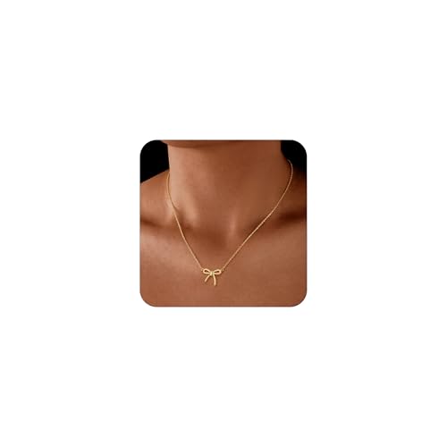 Non Tarnish Gold Bow Necklace, 14K Gold Plated Bow Necklace for Women, Flawless Hand-Polished Bow Pendant Necklace for Women Trendy, Dainty Chain Necklace Gifts for Her