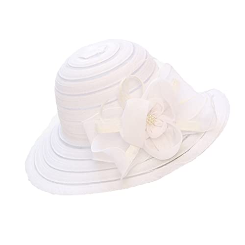 Summer Lace Flower Beach Sun Hat Women Derby Church Dress Bucket Hat Tea Party Hat Wedding Cap, White C #TOP2