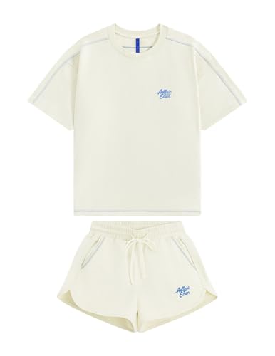 Aelfric Eden Cloud Oversized Sweat Set for women 2 Piece Shorts Outfits 2026 Summer Casual Loose Short Sleeve Matching Lounge Sets Apricot Small