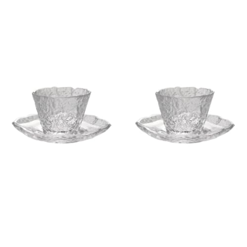 Uranus 冷茶グラス 来客用 冷凍クリスタルタンブラー カップ 2組セット コースター付き ティーセット 55ml ガラスティーセット テクスチャー加工 透明 冷茶専用 茶葉工芸茶対応 洗練されたデザイン ギフト おしゃれ 室内装飾 (カップ2個+コー