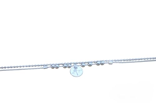 Bracelet argent massif double chaine à perles et médaille pissenlit gravée