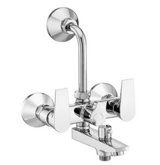 King Sanitation Brass 3 in 1 Wall Mixer with Long L Bend Pipe Chrome Finish for Bathroom with Provision for Overhead Shower - Pack of 1