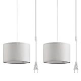 IHENGYANLT 2 Pack Plug in Pendant Light, Hanging Light with 15Ft Clear Cord, On/Off Switch, French Grey Fabric Lamp Shade, Hanging Light Fixture for Bedroom, Kitchen, Living Room, Dining Table