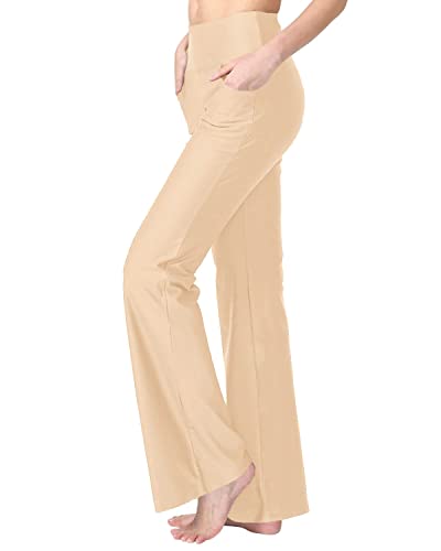 Zeronic Bootcut Yoga Pants for Women with Pockets High Waisted Workout Running Pants Tummy Control Long Bootleg Work Pants (Khaki, X-Small)