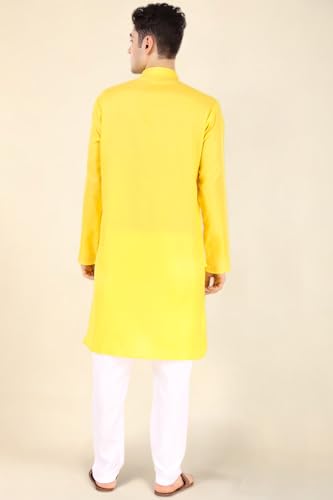 Image of Men's Cotton Solid Kurta Set Mandarin Collar Regular Fit Long Sleeves Ethnic Dress