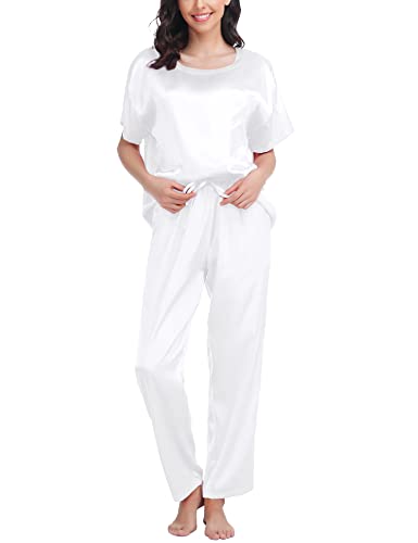 Swomog Pajamas Satin Pajamas Short Sleeve Silk Pjs Loungewear Long Pajama Pant Set Ladies Pajamas For Women Two Piece Pajama Set M White #TOP2