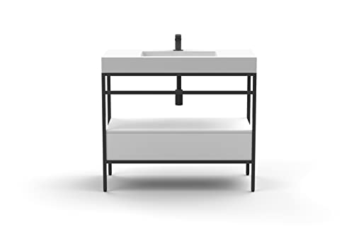 Mueble de baño con estructura en aluminio color negro - Lavabo de resina blanca - Cajón en madera acabado blanco mate y de gran capacidad - Medidas 100 cm (ancho) x 46 cm (fondo) x 90 cm (alto) - OVAL Cover