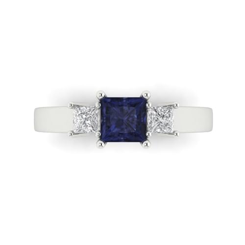 Clara Pucci 1.11 ct Princess Cut Created Blue Sapphire 14k Yellow Gold Three-Stone Wedding Engagement Bridal Promise Ring
