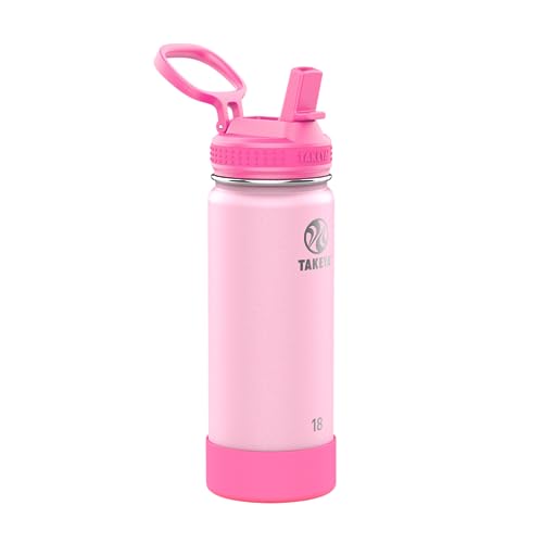 Image of Takeya Actives Kids Water Bottle 18 oz Stainless Steel Double Wall Insulation BPA-Free Leakproof Straw Lid Easy Carry Handle Reusable Ideal for Boys and Girls, School, Sports - Summer Glow Pink