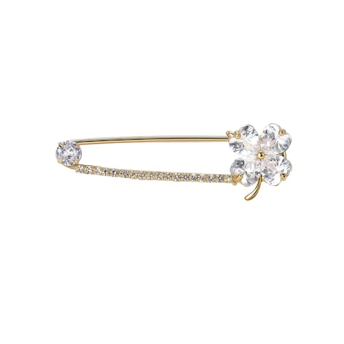 Image of Dainty Clover CZ Brooch Safety Pins Clip Scarf Sweater Shawl Waist Pants Luxury Sparkly Rhinestones Brooches for Collar Dress Skirt Suit Fashion Jewelry for Shamrock Party Birthday 2.2in
