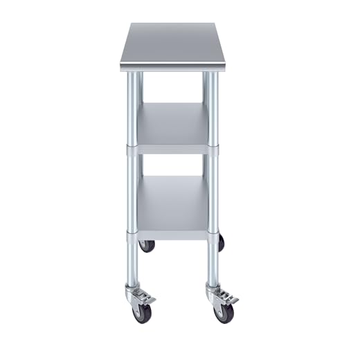 Image of AmGood Stainless Steel Work Table with 2 Shelves and Casters | Metal Utility Table On Wheels (Stainless Steel Work Table with 2 Shelves + Casters, 15 inch Long x 24 inch Deep)