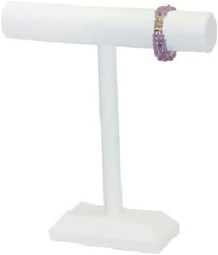 New White Faux Leather Wood Necklace & Bracelet T-Bar Jewelry Display Stand 12" H