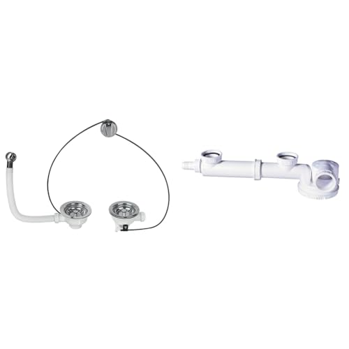 Wirquin lot de 2 pour évier 2 bacs : 1 bonde ø90 mm avec trop-plein et commande à câble + 1 siphon gain de place Espace avec tubulure de raccordement