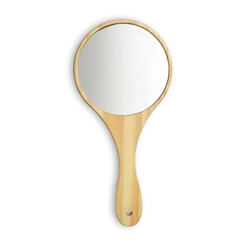 Image of KIRA Professional Beautiful Double Sided Makeup Mirror, Vanity Magnifying Both Use of Hand Held Travel and Dressing Table Yellow Wooden Handle,Beige (Round)