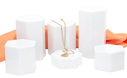 Red Co. Glossy White Hexagonal Acrylic Jewelry Figure Showcase Display Riser Stands with Hollow Bottoms |6-Pack