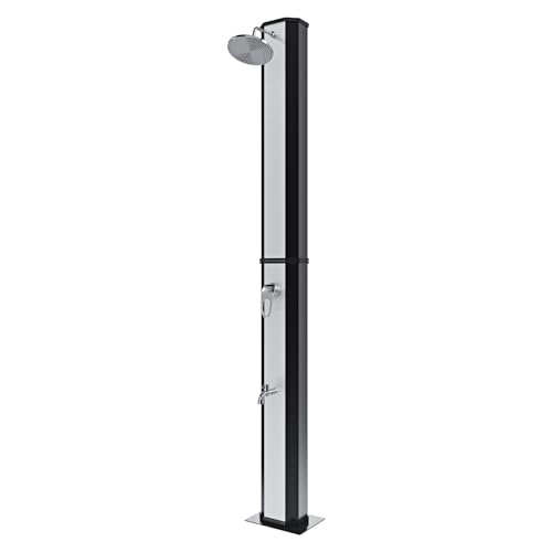 Solardusche, 35 Liter, 220 cm, für Garten, Pool, verchromt, Regenduschkopf mit Temperaturregler und Fußbrause, Schlauchanschluss, Außenpool, Terrasse, Silber Schwarz