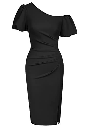Belle Poque Short Puff Sleeve One Shoulder Ruched Bodycon Dress Vintage Elegant Wedding Guest Party Dress Black L #TOP24